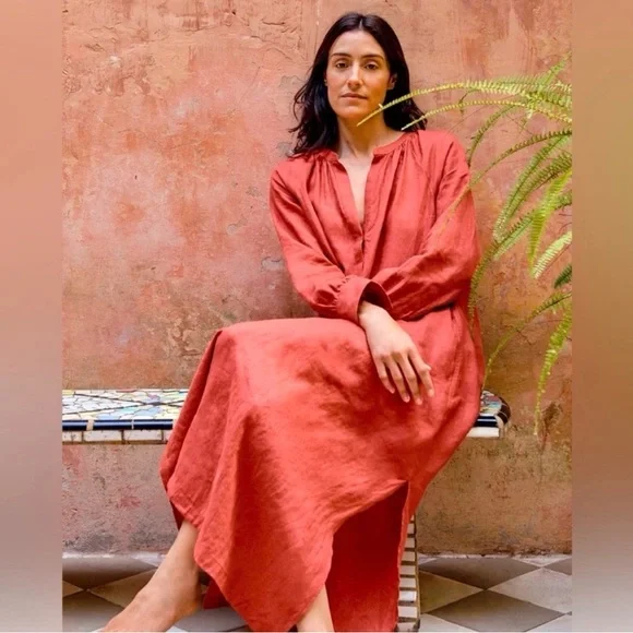 J. Crew | 100% Linen Cabana Maxi Dress in Red Sand Brand~ New w/o Tag 2X - Picture 1 of 13